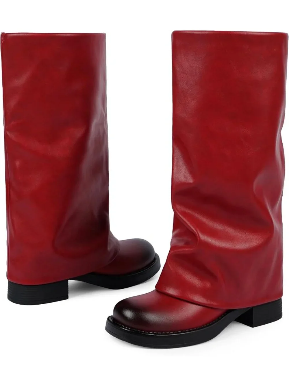 Women's Red Pu Pointed Toe Chunky Heel Faux Leather Over The Knee Boots